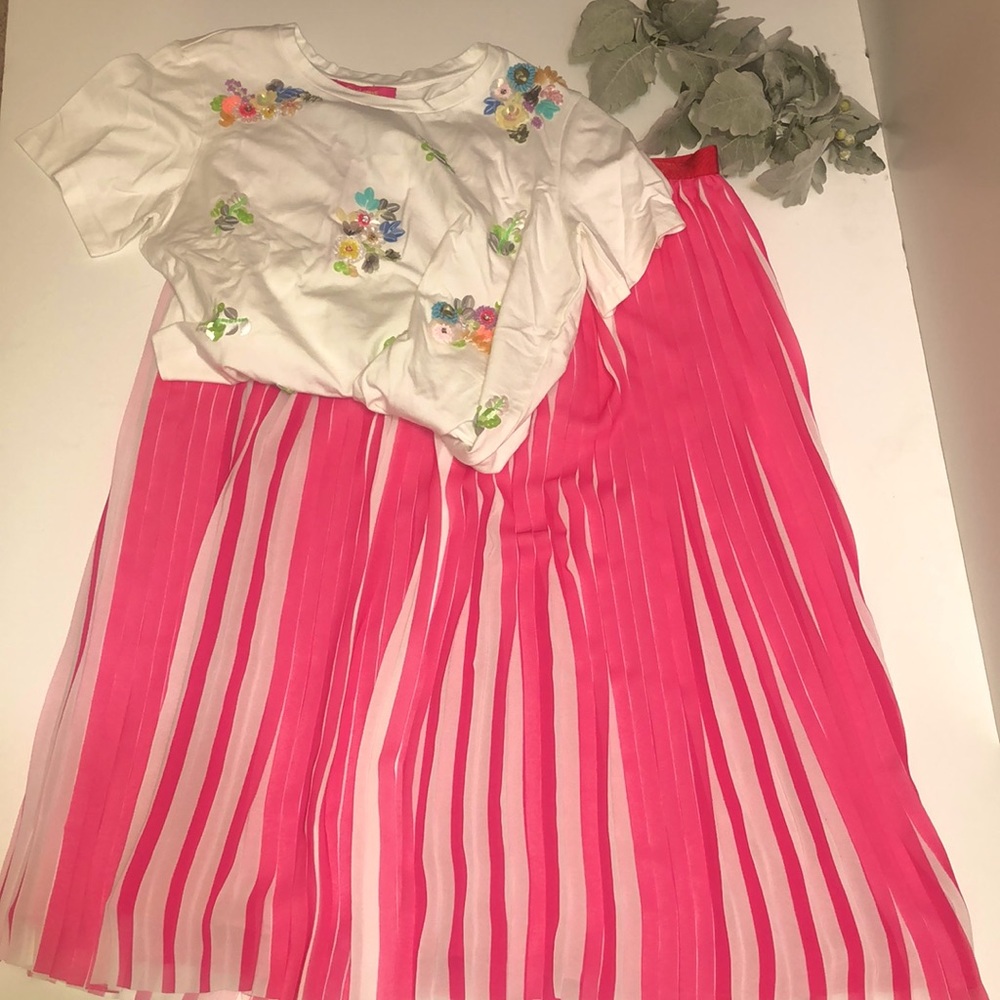 NWOT J.Crew Women’s Pleated Fushia and Ivory Midi Skirt in Peekaboo Stripe Sz 10